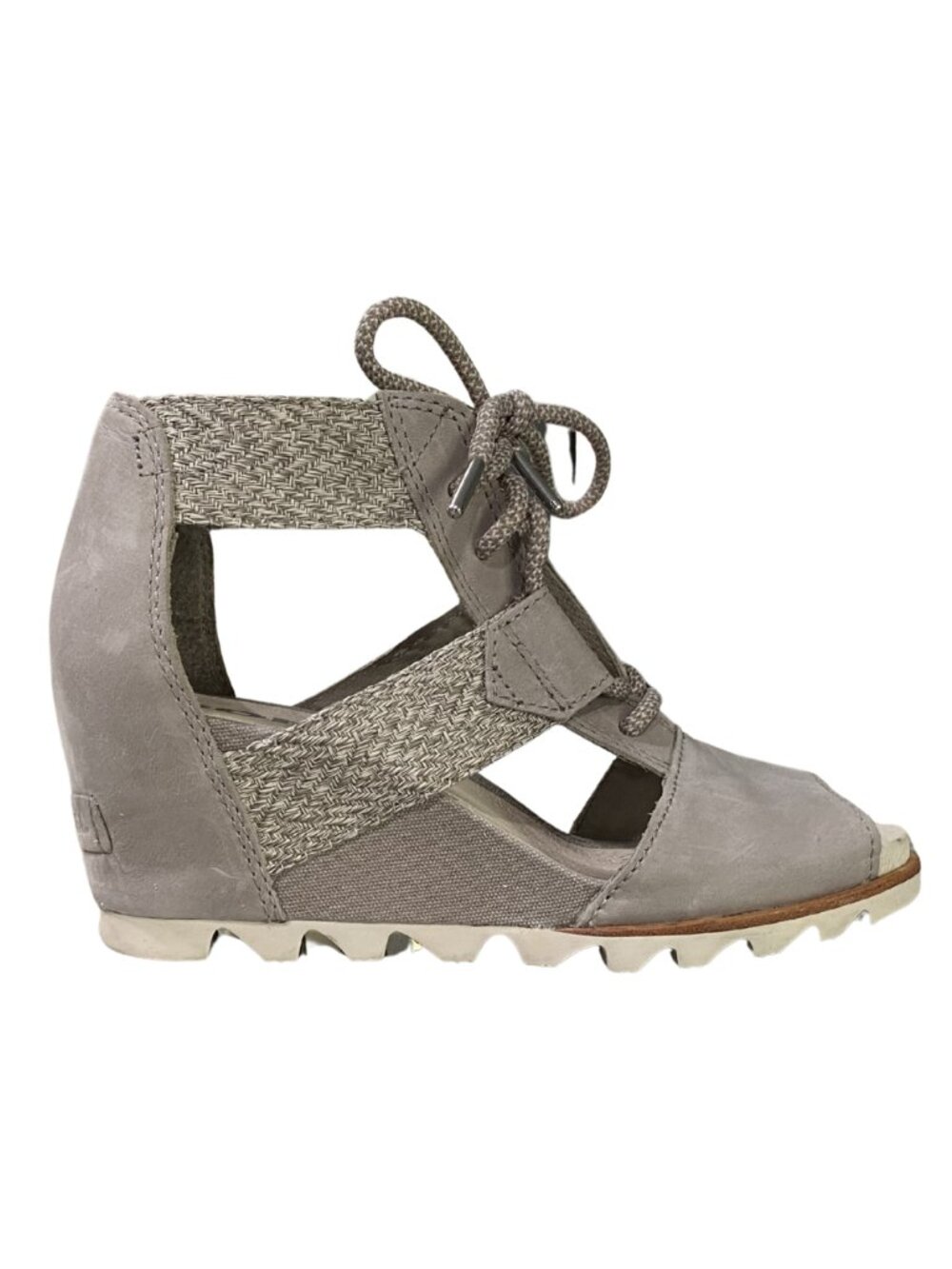 Sorel Joanie Leather Wedge Lace Up Sandal Size 8.5 Kettle Grey NL2821-005 GUC